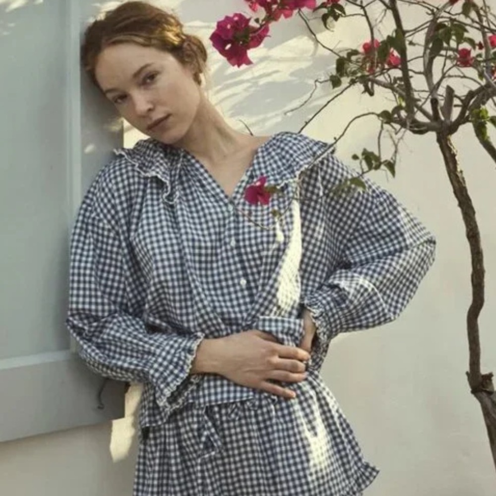 Doên Seychelles blue check ruffle blouse M
